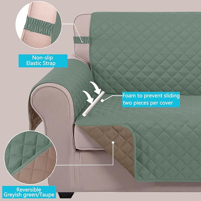 U-NICE HOME Large Sofa Cover Reversible Couch Cover for Dogs with Elastic Straps Water Resistant Furniture Protector for Pets Couch Cover for 4 Cushion Couch (Oversized Sofa, Greyish Green/Taupe)