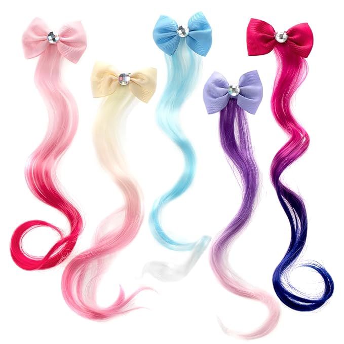 6 Pcs Hair Clips for Girls - 13in Color Hair Extensions Clip for Girls, Curly Clip in Hair Extensions with Cute Unicorn Bow for Toddler Kids Ponytails Accessories