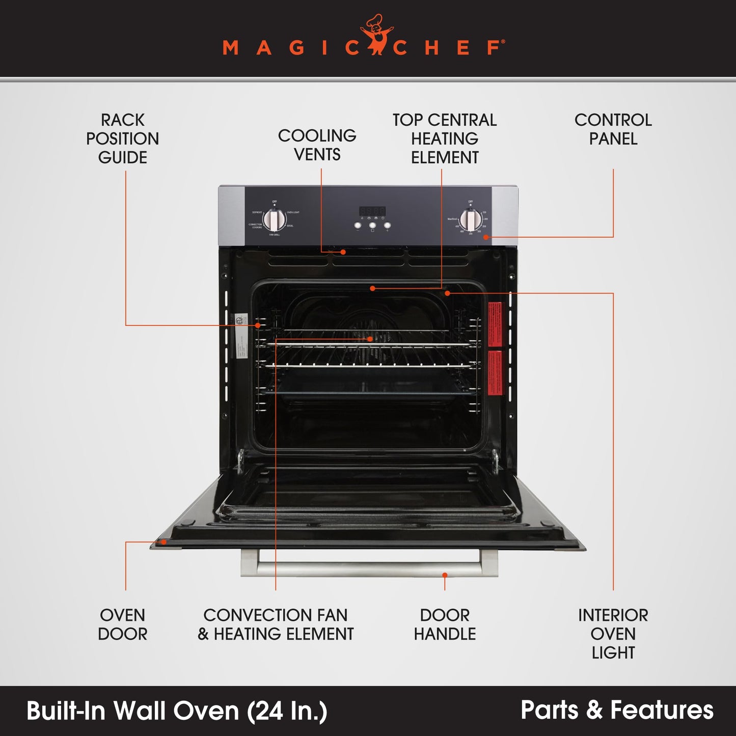 Magic Chef MCSWOE24S Electric 24" 2.2 cu. ft. Single Wall Oven with Convection, Stainless Steel