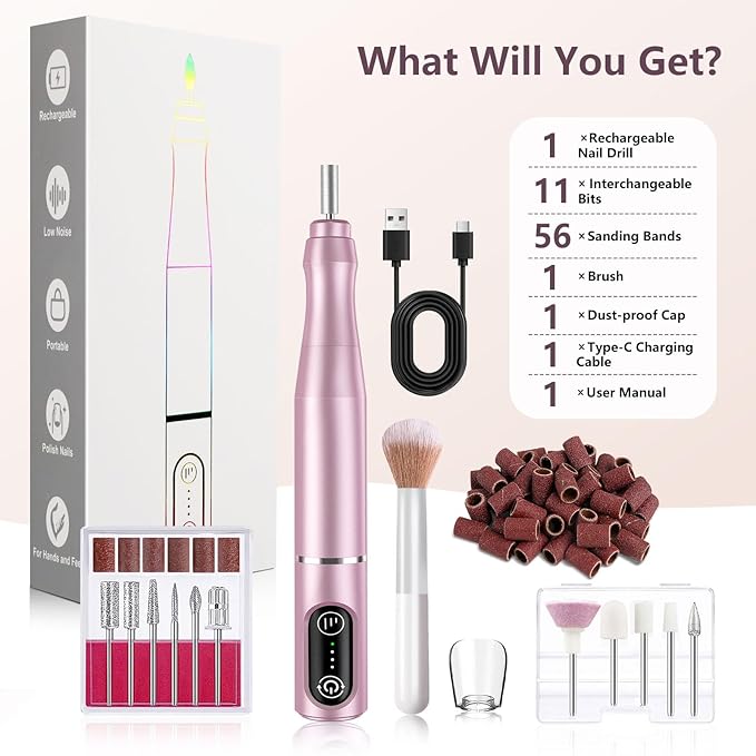 Cordless Nail Drill Electric Rechargeable File Kit, Professional Efile Acrylic Gel Nail Polish Remover Pedicure Manicure Machine Portable Set with 11 Bits 56 Sanding Bands (Pink)