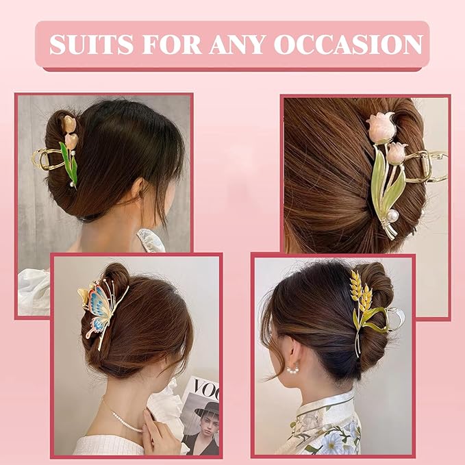 6 Pcs Flower Metal Claw Hair Accessories for Women & Girls - Large Tulip Nonslip Styles, Strong Hold Matte Claws for Long, Thick & Thin Hair