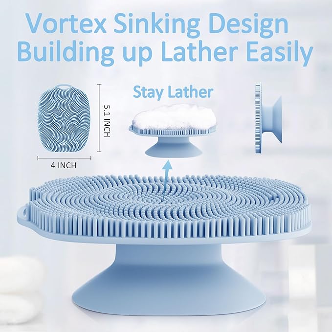 Soft Silicone Body Scrubber, Gentle Like a Hand Exfoliating Your Skin and Build Up Lather Easily, Back Large Suction Cup Easy to Store, Long-Lasting & Deep Clean (Blue)