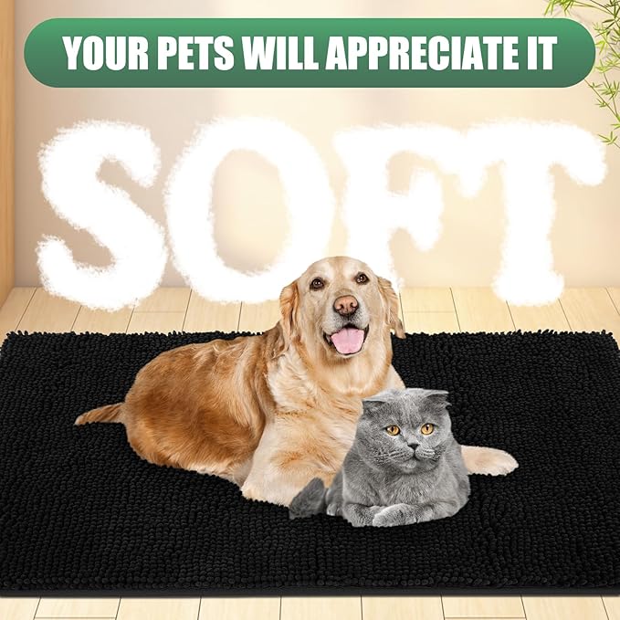 IM HOME Chenille Absorbent Outdoor Doormat 30" x 20", Washable Muddy Door Mats for Dog Non Slip Indoor Doormat Dog Mat for Muddy Paw Front Inside Doormats for Entryway Black
