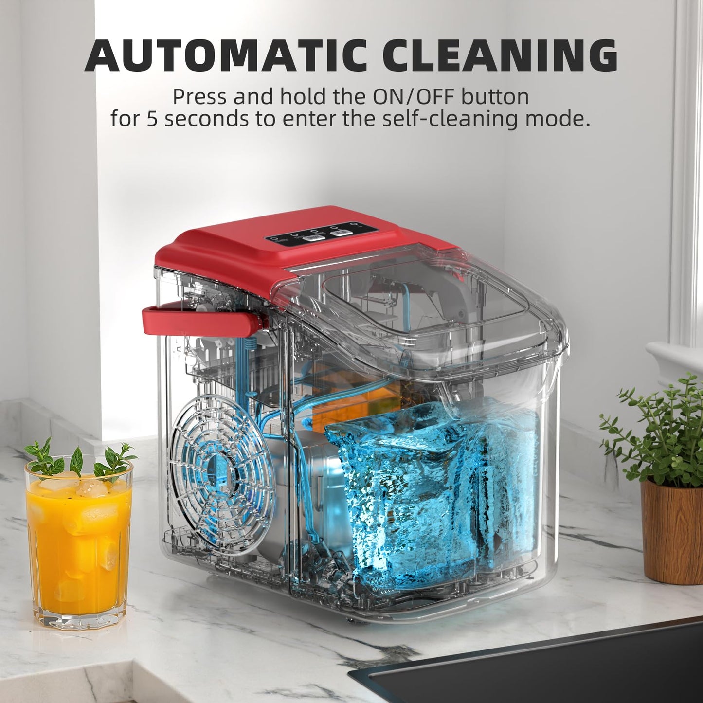 Antarctic Star Ice Maker Countertop, 8 Bullet Ice Cubes in 6 Mins, 26.5 lbs/Day, Self-Cleaning, 2 Sizes, Ultra-Quiet for Home/Kitchen/Camping/RV RED