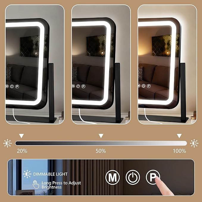 Black Vanity Mirror with Lights 15"×13", Led Makeup Mirror, Lighted Makeup Mirror with 3 Color Dimmable Lights, Smart Touch Screen Control, 360°Rotation