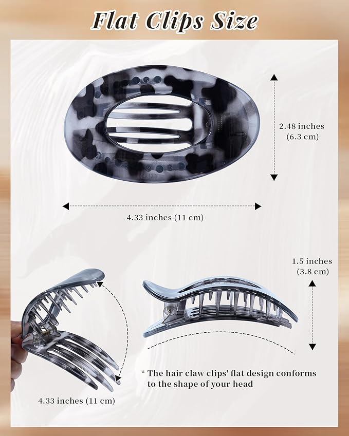 Mesovor 6 Pack Flat Hair Claw Clips, 4.33" Nonslip Large Round Lay Flat Hair Clips | Strong Hold French Flat Hairclips for Lying Down, Yoga, Driving (Tortoise Colorful)