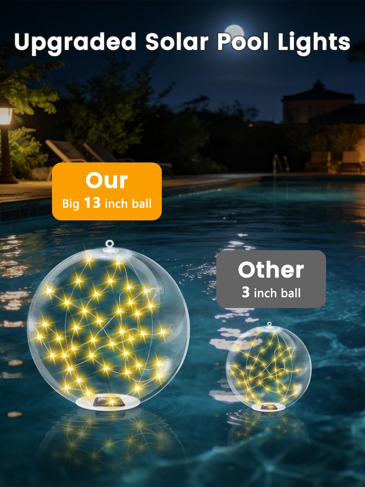 2026 New 2 Pack Floating Pool Lights, Warm White Solar Powered Pool Ball Lights That Float with 8 Modes, IP68 Waterproof Light Up Inflatable LED Balls for Pools Outdoor Party Wedding Yard Decorations