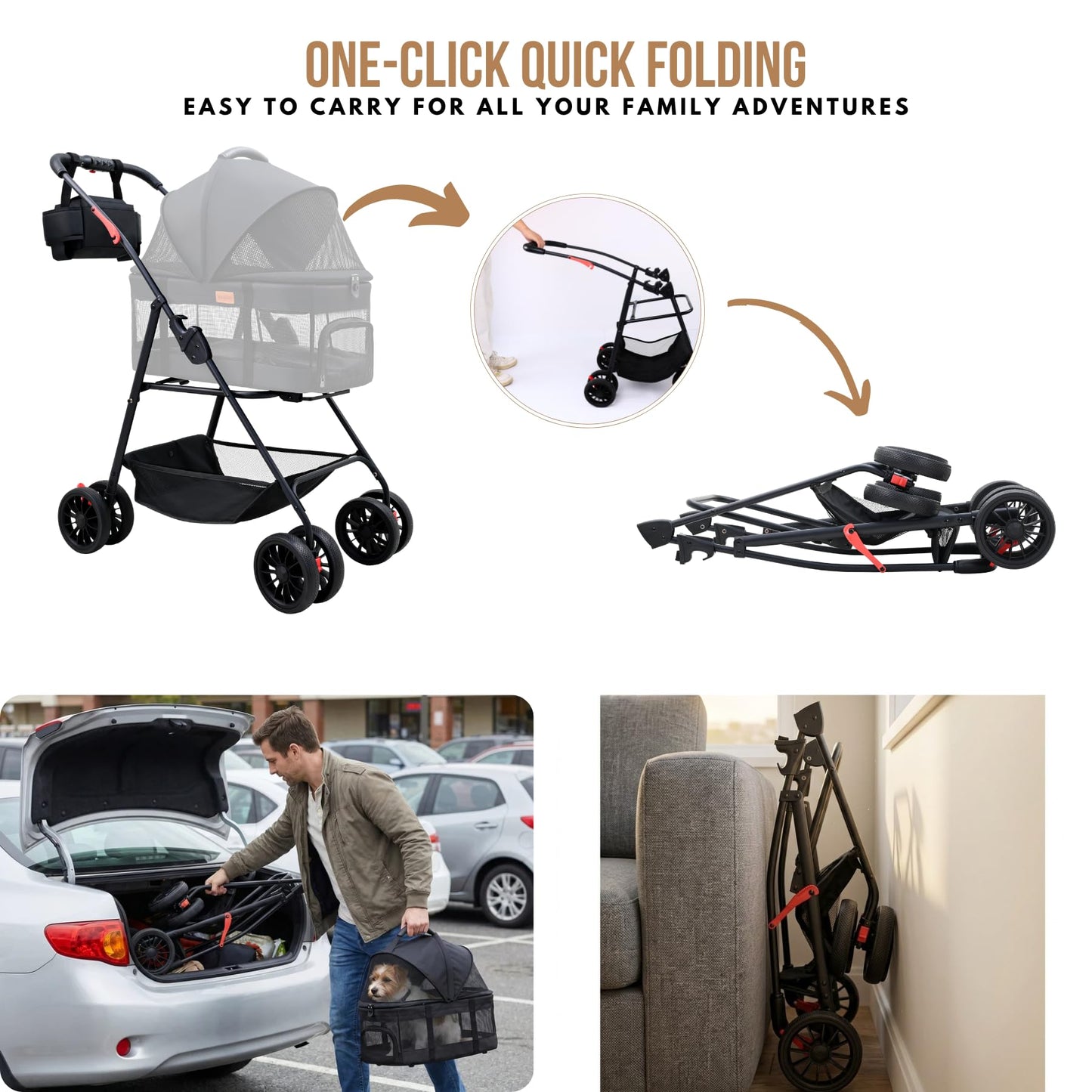 Bicystar Pet Stroller for Small Dogs Cats with Wheels, Detachable Carrier, Max Load 33 lbs, Easy Folding, Compact Portable, Dog Carriage Cart Car Seat 3 in 1