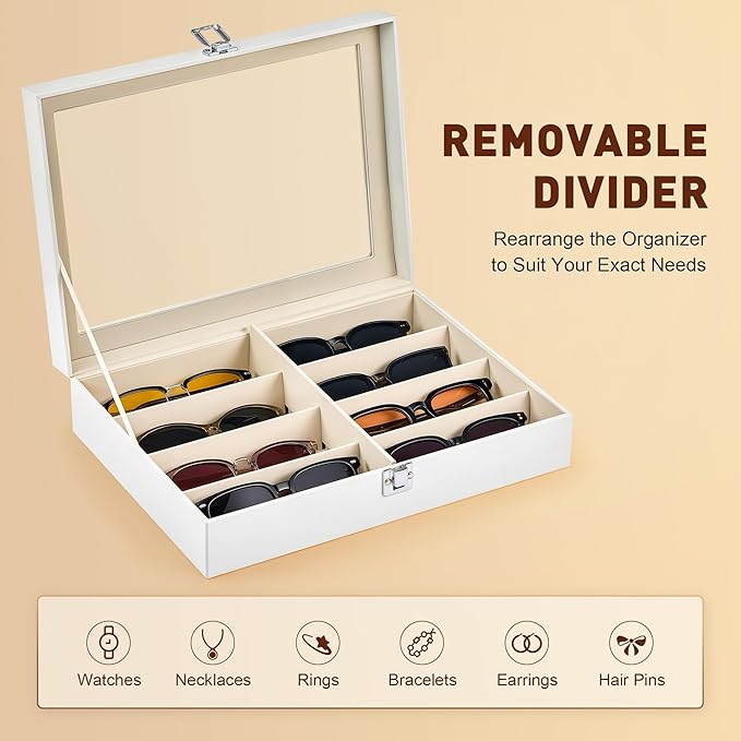 CO-Z Sunglasses Organizer with 8 Slots, Leather Eyeglasses Storage Box for Multiple Glasses, Lockable Display Case for Women Men, Glasses Holder for Watches Jewelry Collection, White