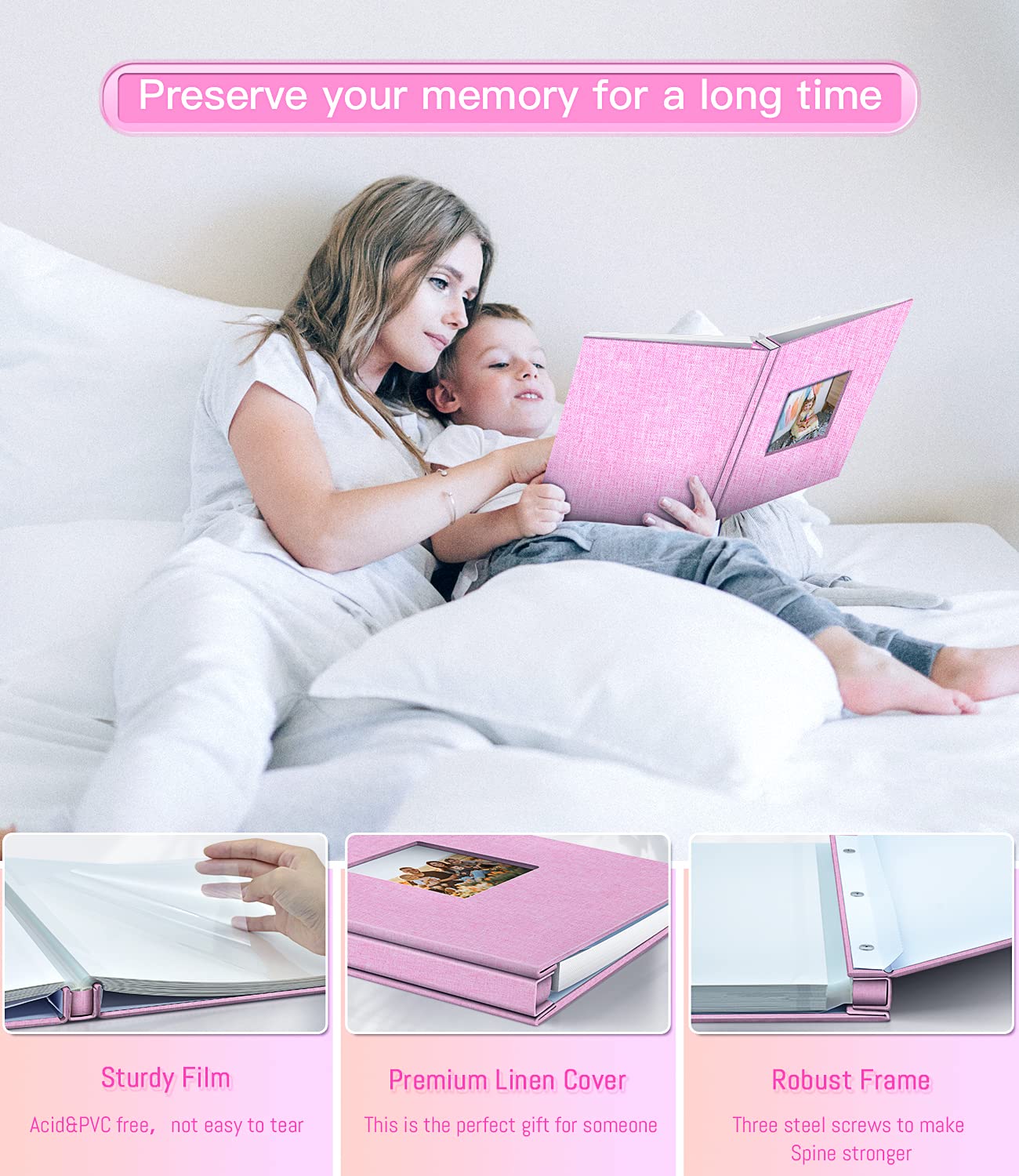 Popotop Photo Album Self Adhesive with Picture Display Window,40 Pages DIY Scrapbooking Supplies Kit for 4x6 8x10 Picture,Linen Cover Memory Book for Baby Wedding, with Scraper and Metallic Pen