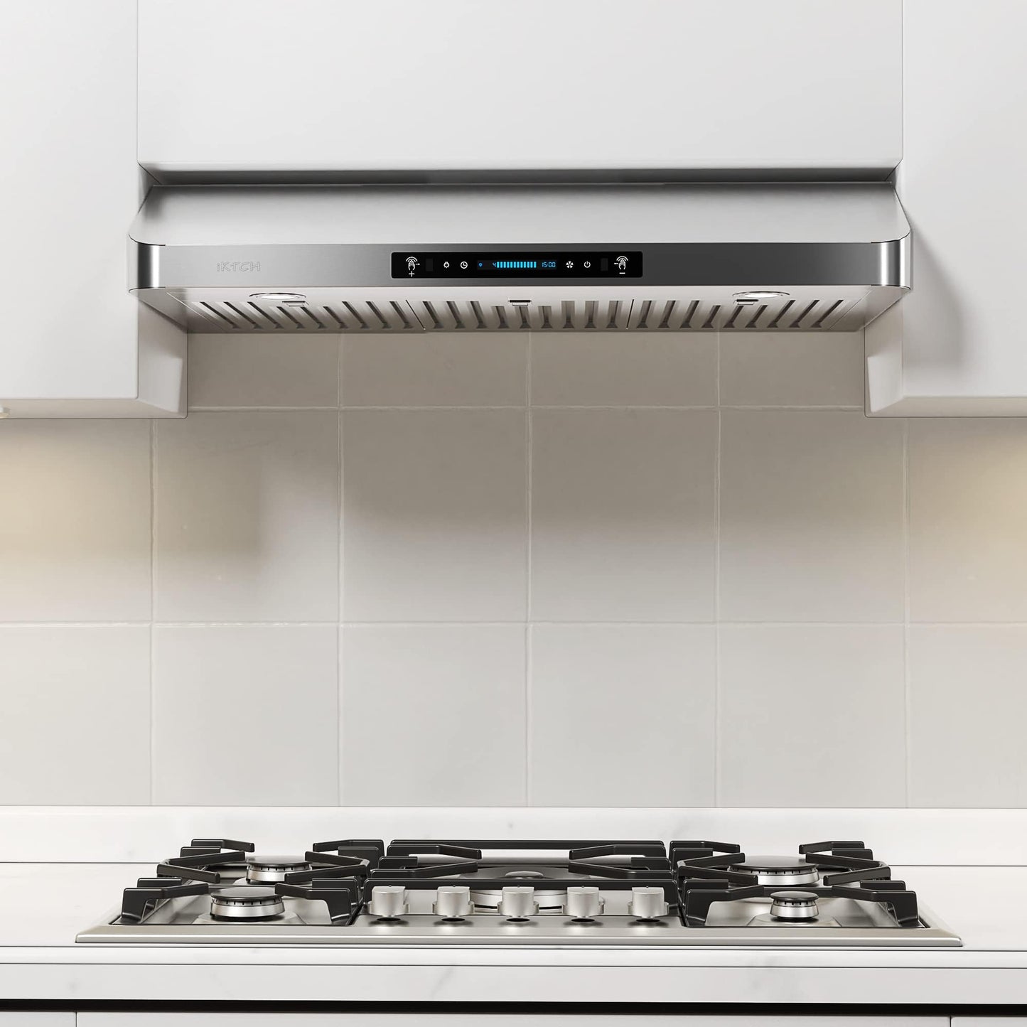 IKTCH 42 Inch Under Cabinet Range Hood, 900CFM Range Hood with 4 Speed Gesture Sensing&Touch Control Panel, Stainless Steel Kitchen Vent with 3 Pcs Baffle Filters