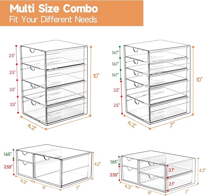 Makeup Drawer Storage Organizer with 16 Drawers, 4 Set Acrylic Office Desk Organization and Storage, Dustproof Drawer Organizer for Makeup, Office, Countertop, Jewelry, Pen, Desktop, Bathroom, Bedroom