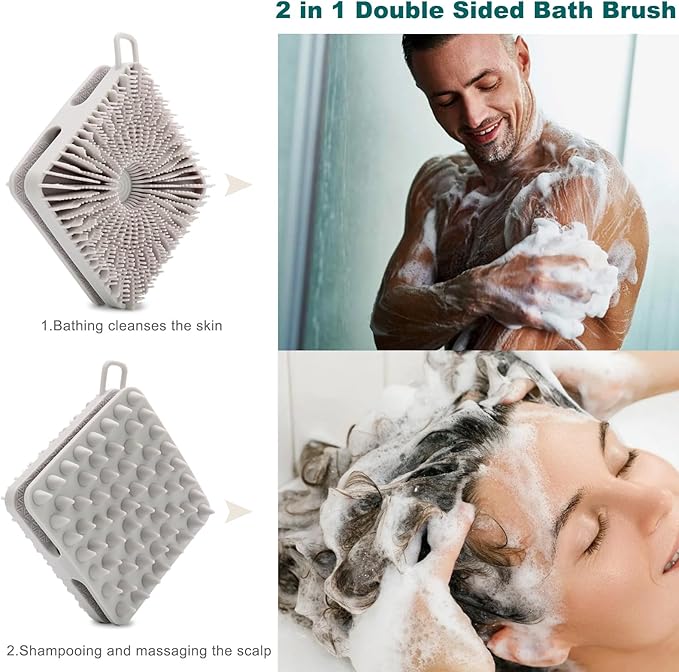 Silicone Body Scrubber, Loofah Double-Sided Body Brush, Shower Scrubber and Scalp Massager Shampoo Brush for Sensitive Kids Women Men All Kinds of Skin (Cool Gray)