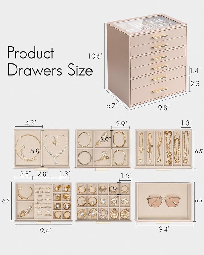 VLANDO 6 Layer Jewelry Box for Women, Glass Lid Jewelry Organizer with 6 Drawers for Necklaces Rings Earrings Bracelets - Toffee