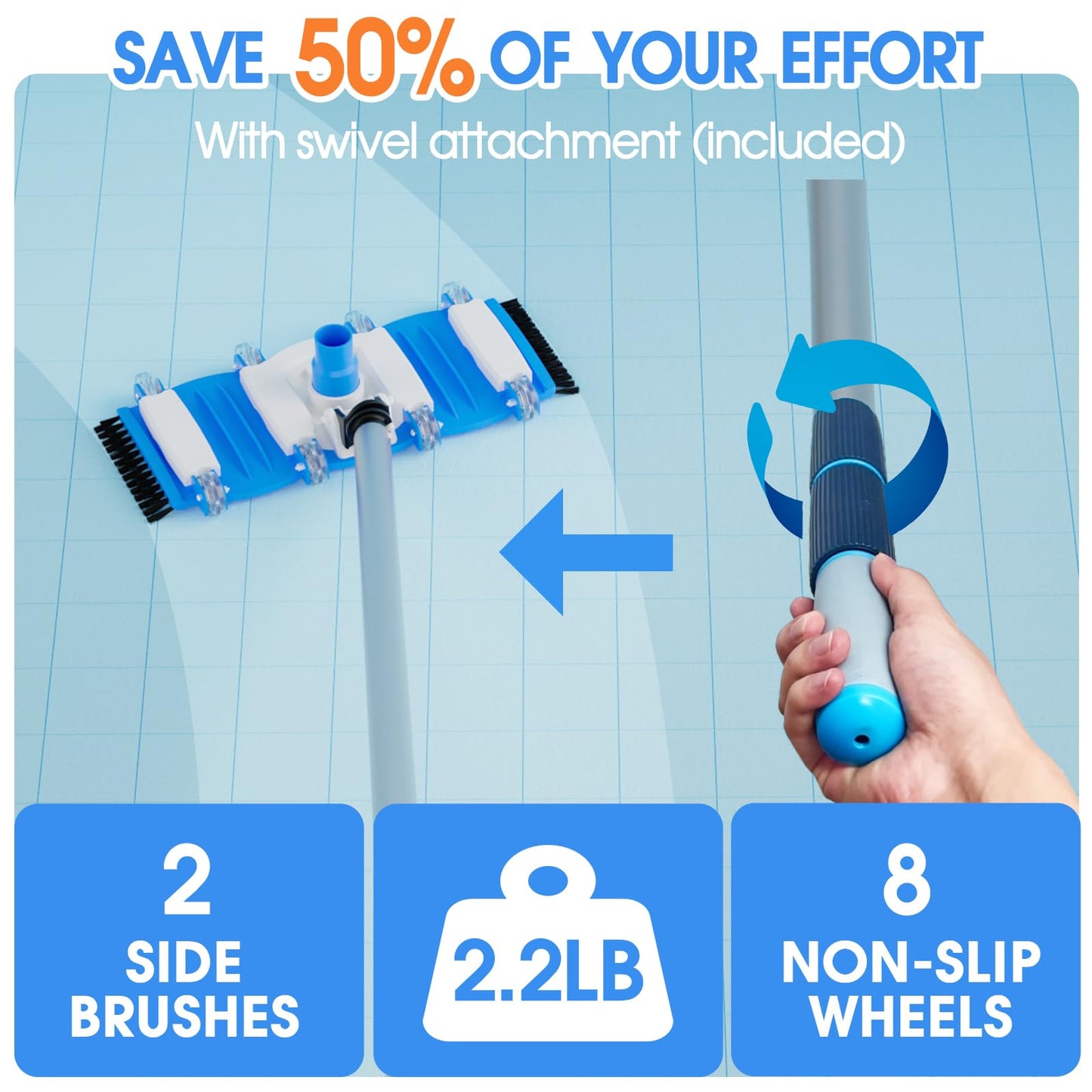TidyMister 3-in-1 Pool Cleaning Kit Full Set - 18in Rounded End Pool Brush & Ergonomic Pool Vacuum Head with Wheels& Pool Nylon Net Fine Mesh for Above Ground In-ground Pools, Spas, Hot Tubs