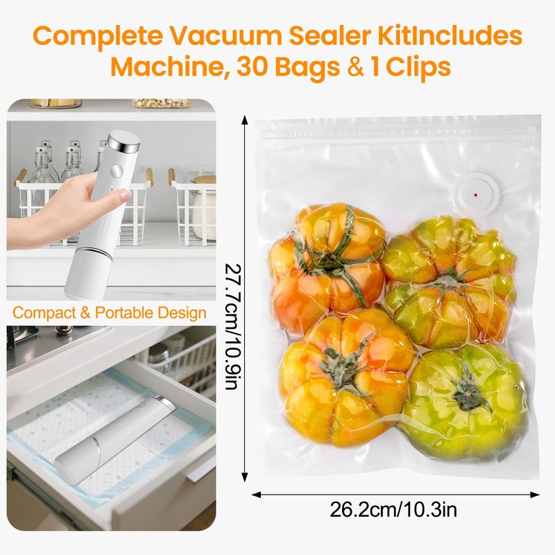 Compact Vacuum Sealer for Food (Portable Vacuum Sealer Machine+30 Reusable Bags) Compact Handheld Food Saver for Meat, Camping & RV Travel,Seal Food 6X Fresh Longer, Portable & Wireless, Easy-Clean