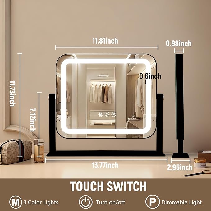Black Vanity Mirror with Lights 14"×12", Led Makeup Mirror, Lighted Makeup Mirror with 3 Color Dimmable Lights, Smart Touch Screen Control, 360°Rotation