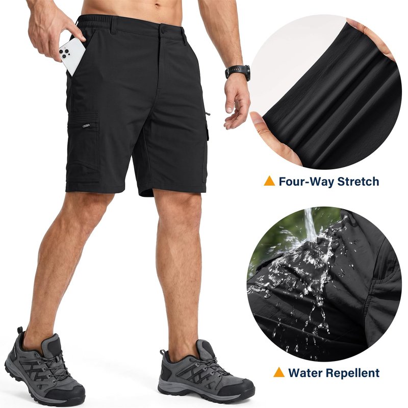 Jessie Kidden Mens Outdoor Casual Elastic Waist Lightweight Water Resistant Quick Dry Fishing Hiking Shorts #6222-Black,36