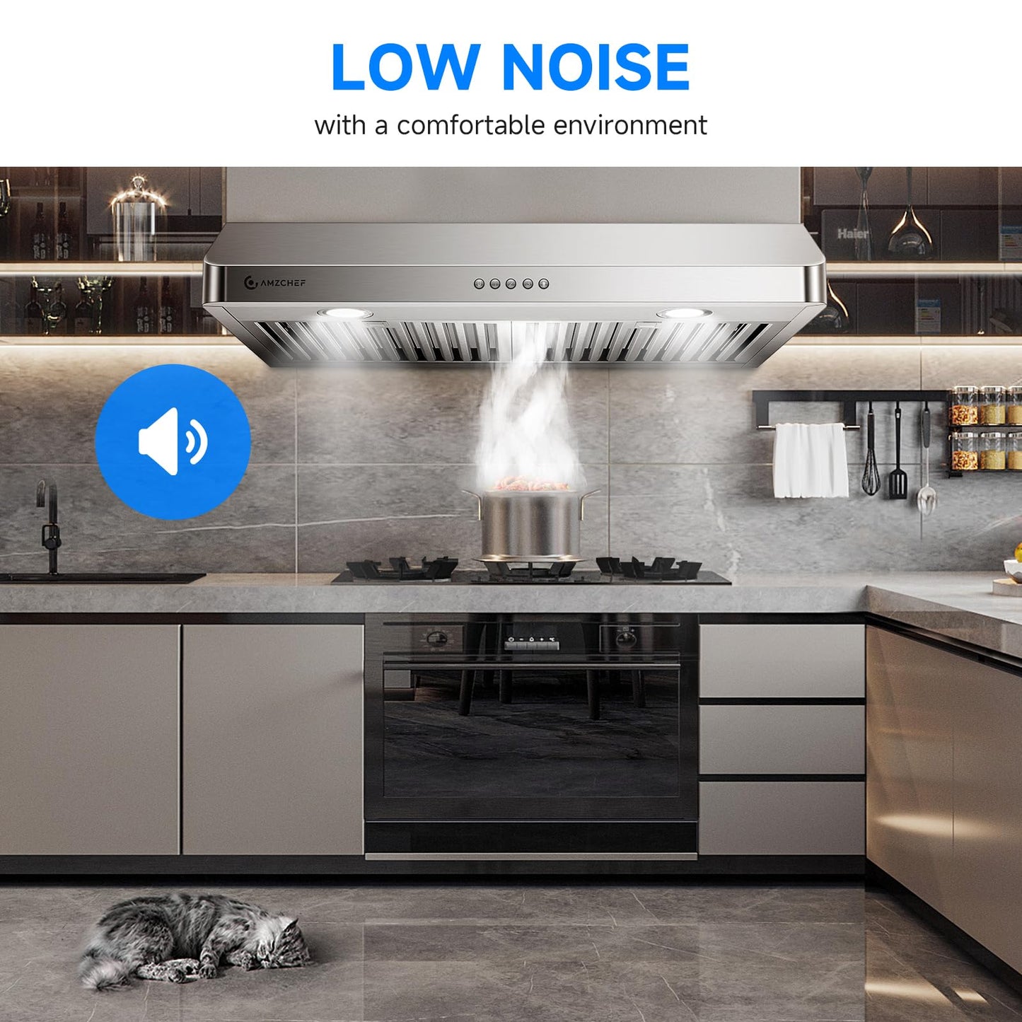 AMZCHEF Under Cabinet Range Hood 30 Inch, 750CFM Stainless Steel Kitchen Stove Vent Hood 3 Speed Exhaust Fan Button Control LED lights Dishwasher-Safe Baffle Filters Three Outlet Design