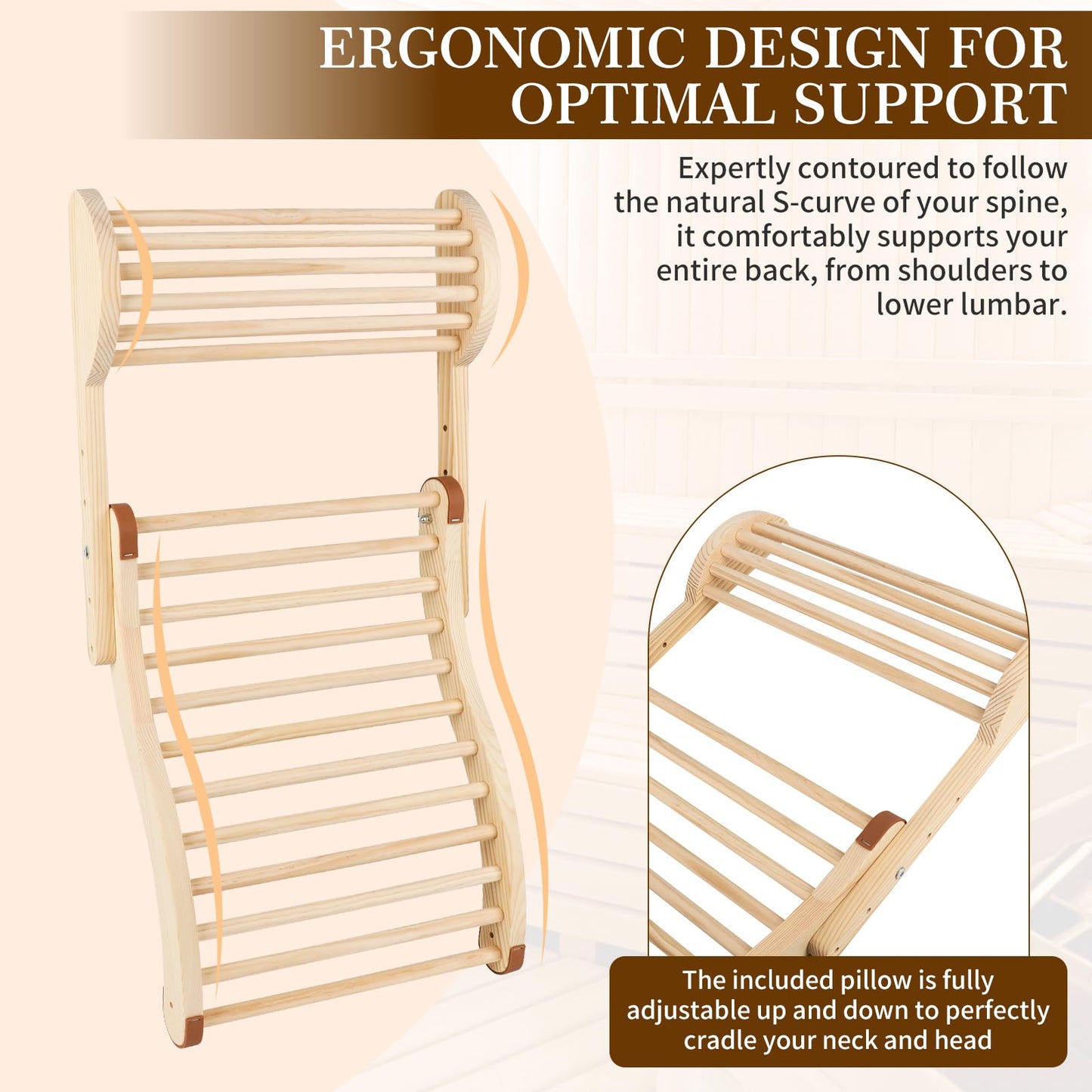 Sauna Backrest Infrared Sauna Backrest Accessories with Adjustable Pillow Wooden Slip-Resistant Non-Toxic Comfortable S-Shape Design Sauna Chair for Any Barrel or Infrared Sauna