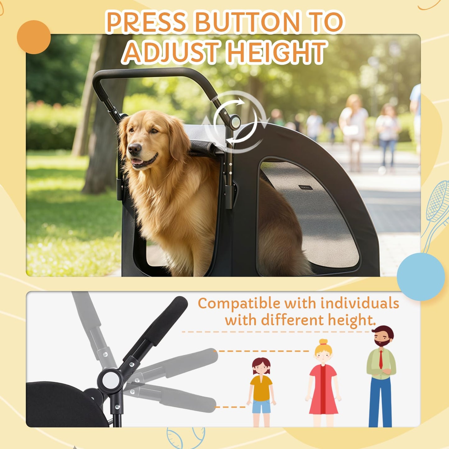 Danrelax Large Pet Stroller for Large & Medium Dogs, 77 lb Capacity, 12" All-Terrain Shock Absorbing Wheels, Waterproof 600D Grey Linen, Heavy-Duty Extra Large Pet Pram, Foldable Travel Stroller