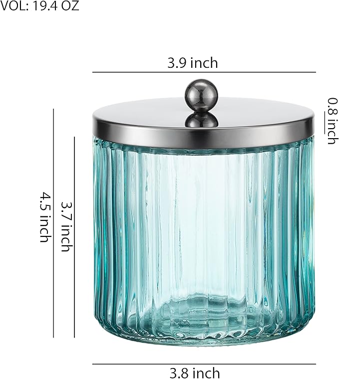KMwares 2-Pack Glass Bathroom Jars – Blue Ribbed Glass with Lids – Cotton Ball, Q-Tip, Swab, Floss Holder – Modern Organizer for Bathroom, Vanity – Decorative Countertop Storage (Turquoise Blue)