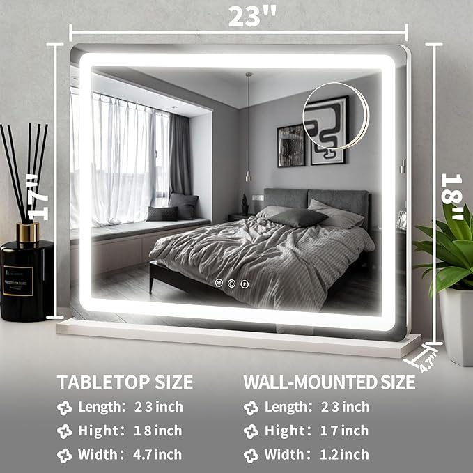 ROLOVE 23x18 Inch Vanity Mirror with Lights, 3-Color Modes, Dimmable LED Mirror with Touch Control - Large Makeup Mirror for Dressing Room (Wall/Tabletop Mount)