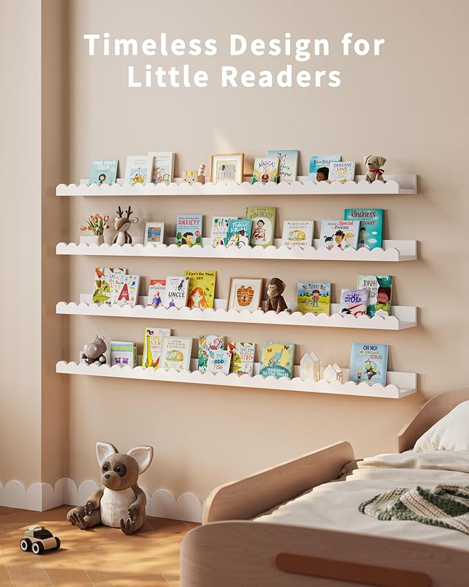 Shario Nursery Book Shelves, 4-Pack White Floating Shelves for Wall Kids, Scalloped Shelves, Wall Book Shelves for Bedroom Kids, Toddler Room, Baby Room, Nursery Decor (White, 47.2 Inches)