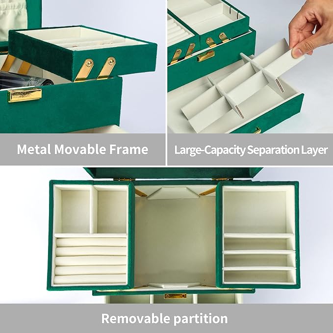 Dajasan Jewelry Organizer Box, Large Velvet Jewelry Boxes for Women Girls, Space-Saving 3 Layers Jewelry Storage Case with Drawer, Movable Metal Stand, Modern, Gift Idea (Green)