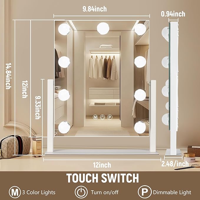 Hollywood Vanity Mirror with Lights, 9 Dimmable Bulbs, 3 Color Lights,Make Up Lighted Mirror, 10x Magnification 360°Rotation (12" x 14") White