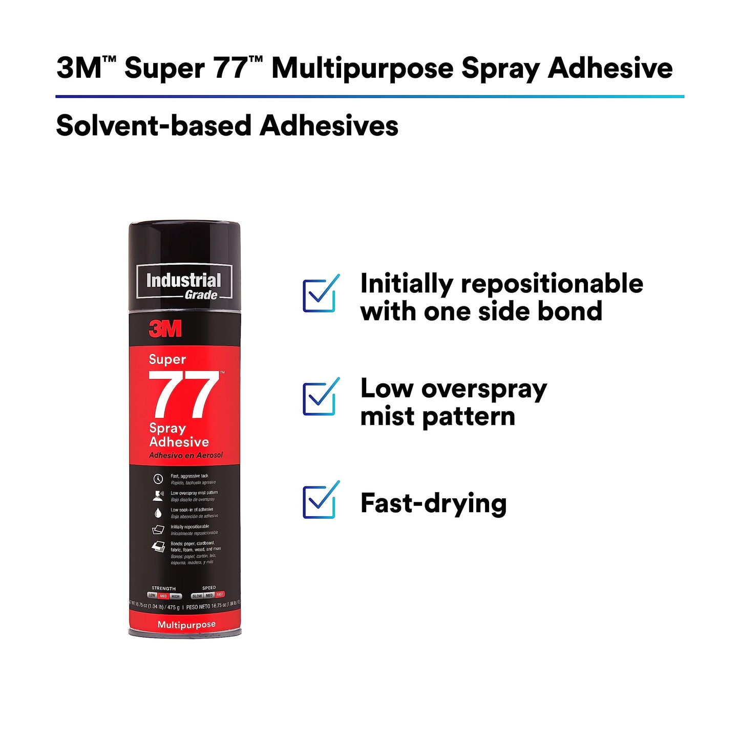 3M Super 77 Multipurpose Permanent Spray Adhesive Glue, Paper, Cardboard, Fabric, Plastic, Metal, Wood, Net Wt 16.75 oz
