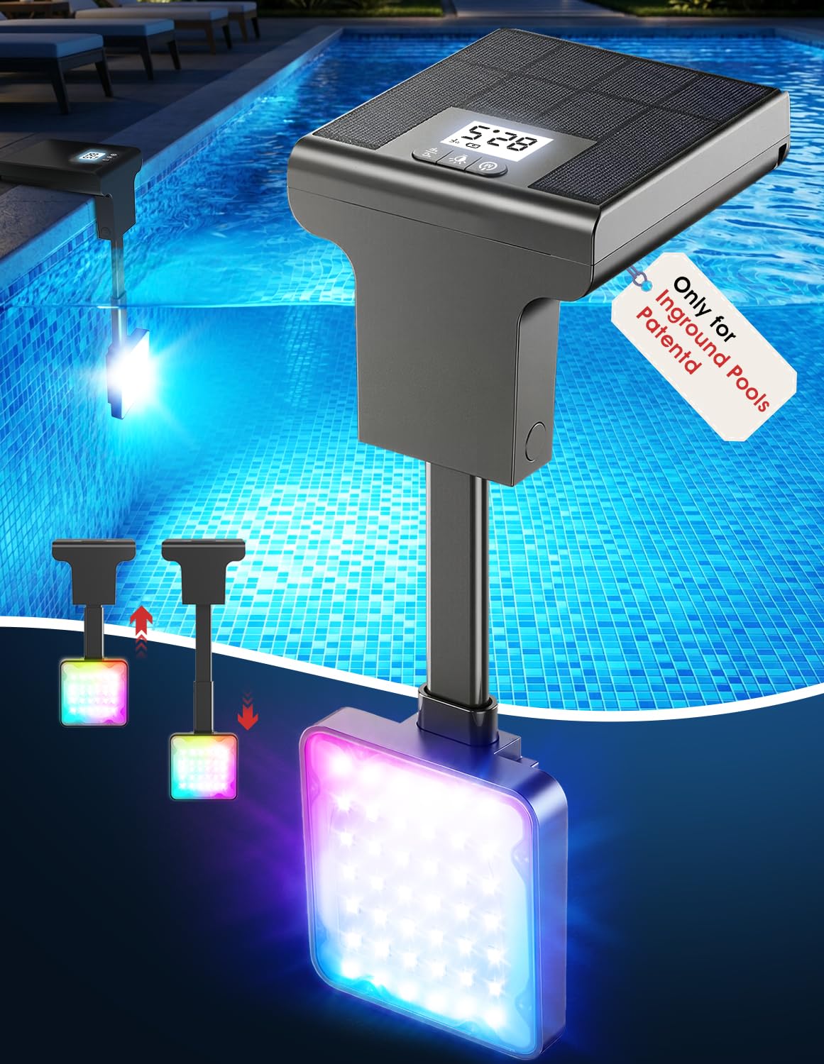 LightHacker Solar Pool Lights for Inground Pools,Upgraded Solar Lights with LCD Pool Thermometer, Underwater Submersible Led Light for Pool Accessories, Swimming Pool Lighting with 10 Light Modes, 1PC