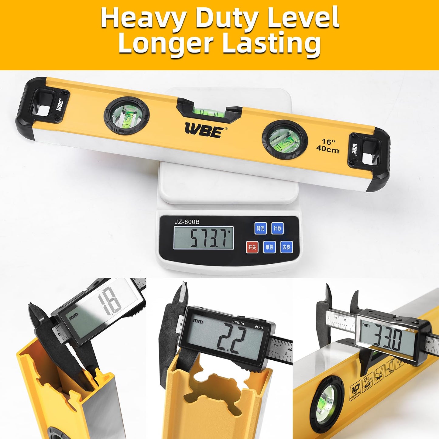 WBE 16-Inch Magnetic Torpedo Level with 45°/90°/180° Bubbles, Aluminum Alloy Body, Heavy Duty Level,Precision-Machined Base,Shockproof Rubber End Caps,Hanging Hole for Construction,Carpentry(1 PACK)