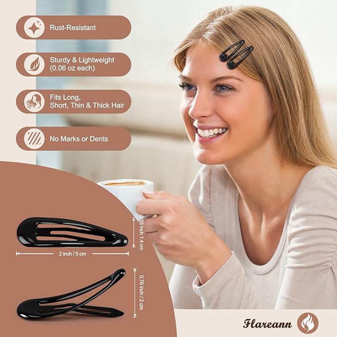 Glossy Black Snap Hair Clips - 50 PCS 2 Inch Non-Slip Metal Hair Barrettes for Women - Classic Black Hair Clips for Daily Styling & Minimalist Accessories