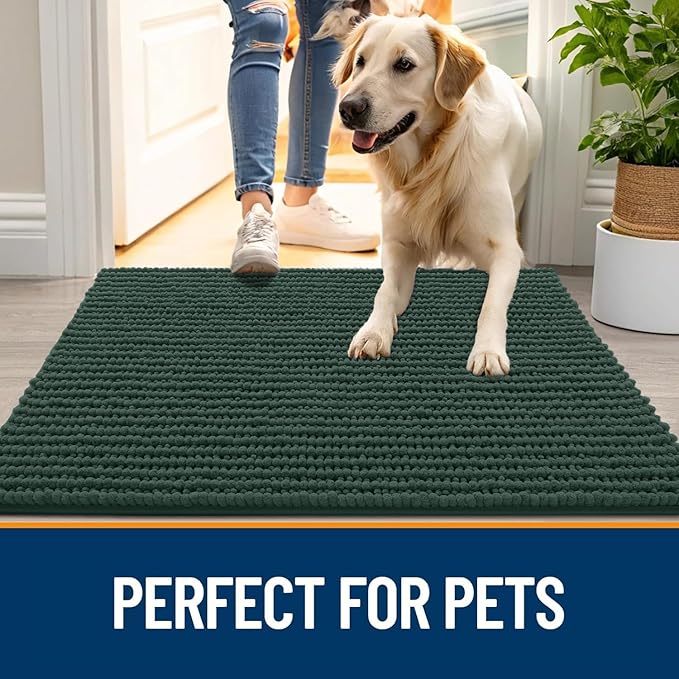 OLANLY Dog Door Mat for Muddy Paws 36x24, Ultra Absorbent Chenille Mud Doormat, Non-Slip Washable and Dirt Trapping Doormat for Indoor Entryway, Quick-Dry Indoor Pet Bed Mats for Dogs, Blackish Green