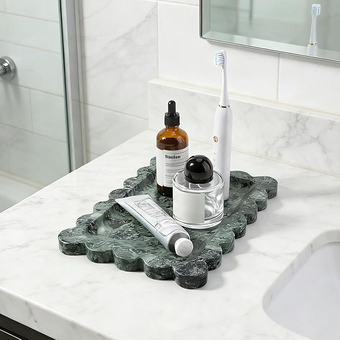 Koville Scalloped Marble Tray, 11"x8" Marble Vanity Tray for Countertop Bathroom Kitchen Dresser, Natural Stone Tray for Jewelry Perfume Home Decor, Decorative Catchall Trays(Green)