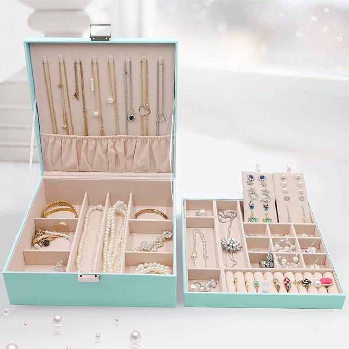 ProCase Jewelry Box for Women, 2 Layers Large Leather Jewelry Organizer Storage Case with Removable Pad for Earrings -Mint