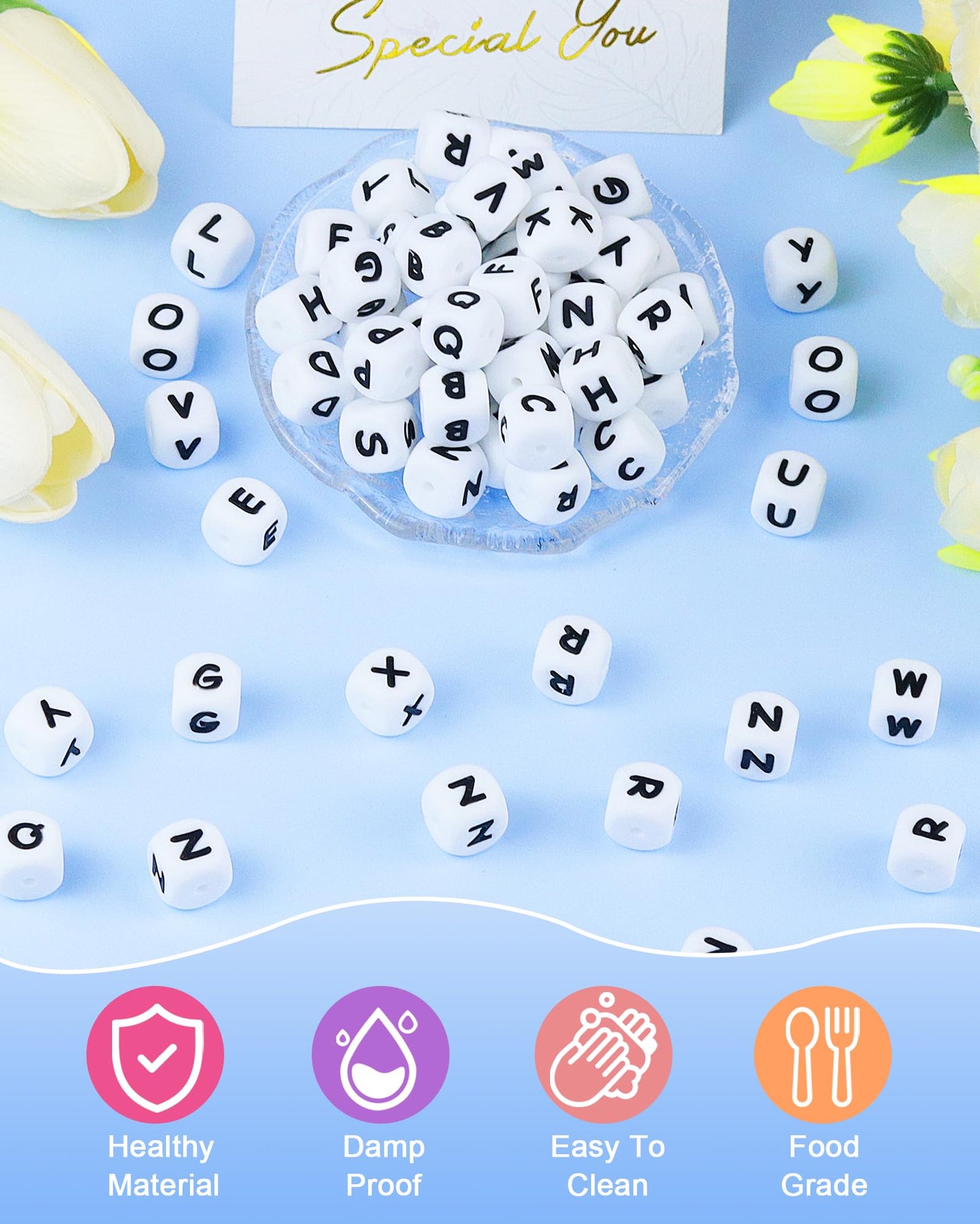 130Pcs FIVEIZERO Silicone Letter Beads, 12mm A-Z Alphabet Beads,Square Bead for Bracelets and Keychains, Large Letter Bead for Necklaces and Lanyards Making（White）