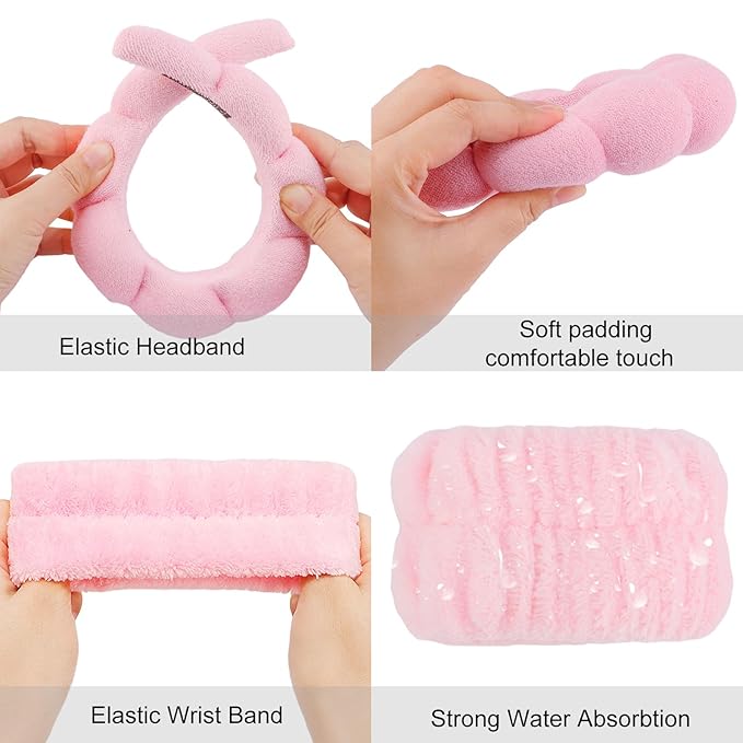SuPoo 6pcs Pink Spa Headband and Wristband Set - Makeup Sponge Headband, Puffy Skincare Headbands, Cute Wrist Towels with Hair Ties - Teen Girl Gifts, Trendy Stuff