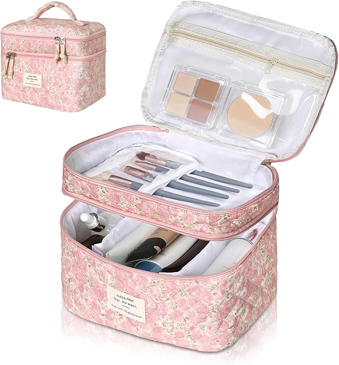 Makeup Bag, Portable Travel Make up Bag, Large Capacity Quilted Cosmetic Organizer Bag, Cute Floral Toiletry Bag for Women Girls (Pink Floral)