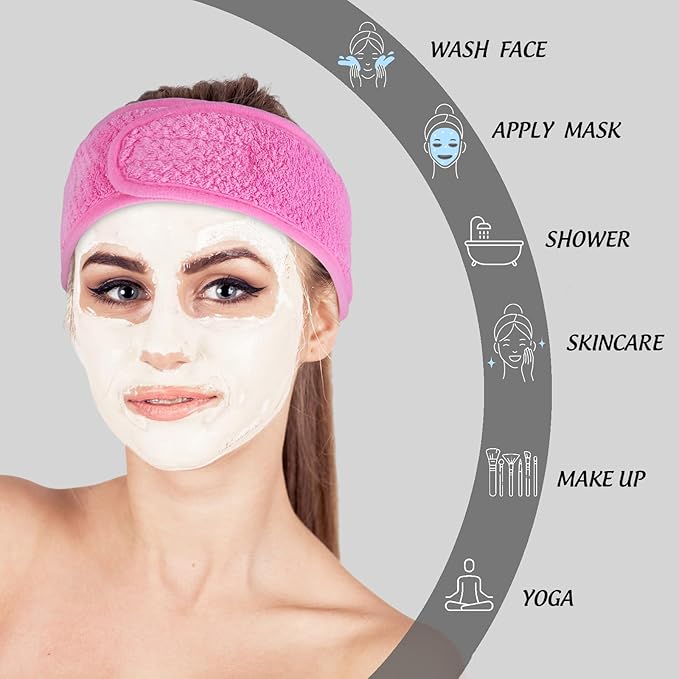 Whaline 4 Pack Spa Facial Headband Makeup Hair Wrap Adjustable Hair Band Soft Towel Head Band for Face Washing Shower Sports Yoga (White, Pink, Peach Pink, Hot Pink)
