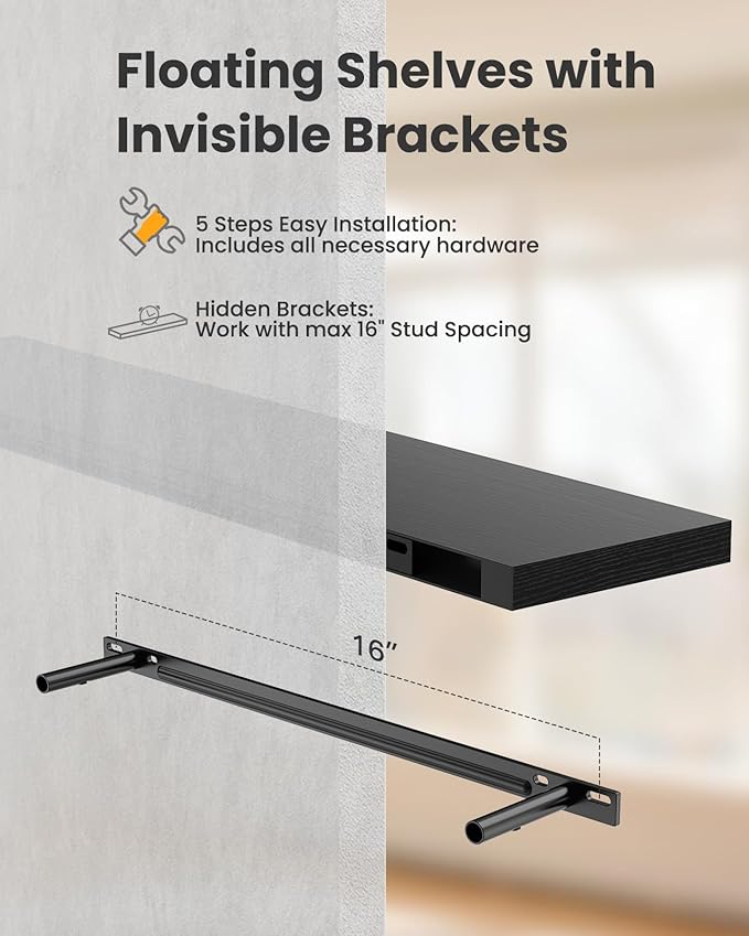 AMADA HOMEFURNISHING Floating Shelves for Wall, Wall Shelves for Living Room, Bedroom, Bathroom, Kitchen & Home Office Organization, Bathroom Shelves with Hidden Brackets, 22 lbs Max Load, AMFS44B