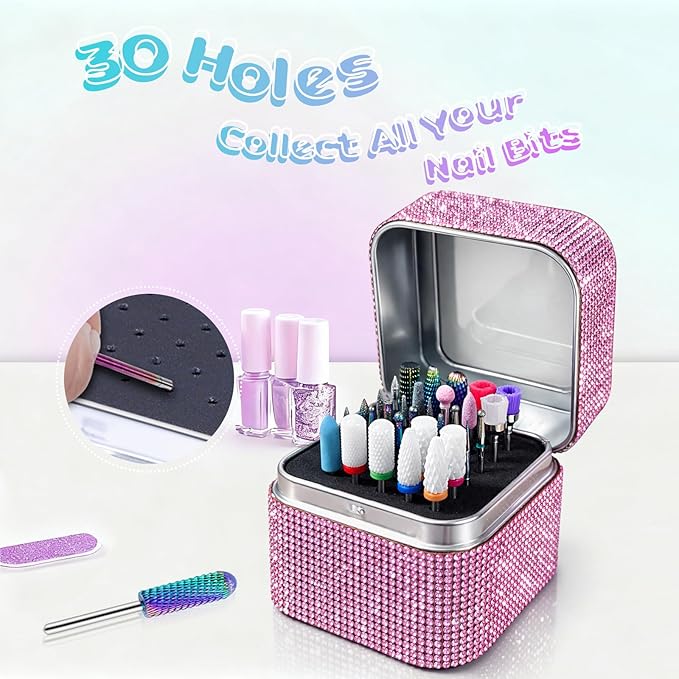 Nail Drill Bit Holder, Dustproof Rhinestones Drill Bit Organizer Case 30 Holes Efile Nail Tech Bits Storage Container Box Manicure Tools E file Accessories Collector for Salon, Travel, Home(Only Box)