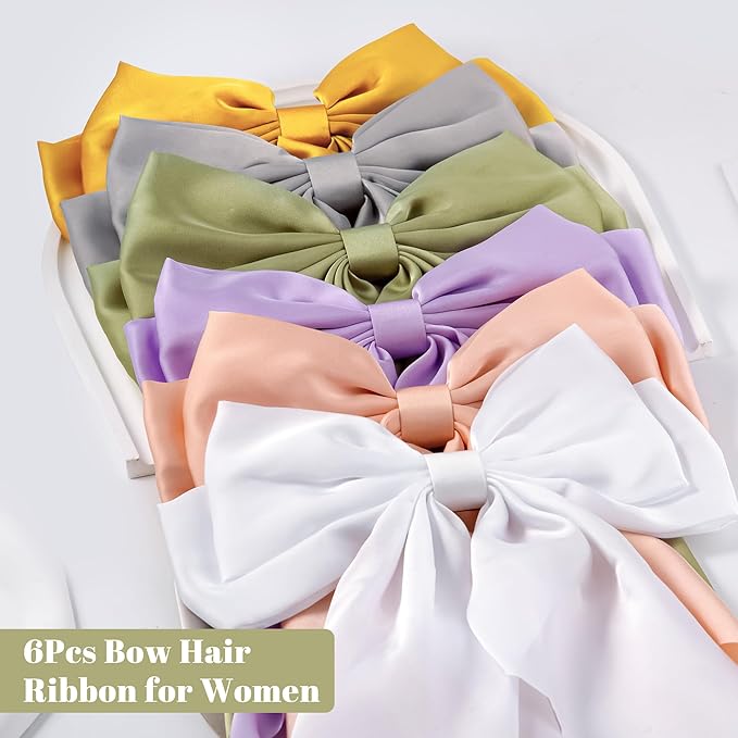 6Pcs Large Bows Hair Clips for Women Girls Long Tail Hair Ribbon Silky Satin Barrettes Coquette Bows Accessories (Beige/Yellow/Pink/Grey/Purple/Green)