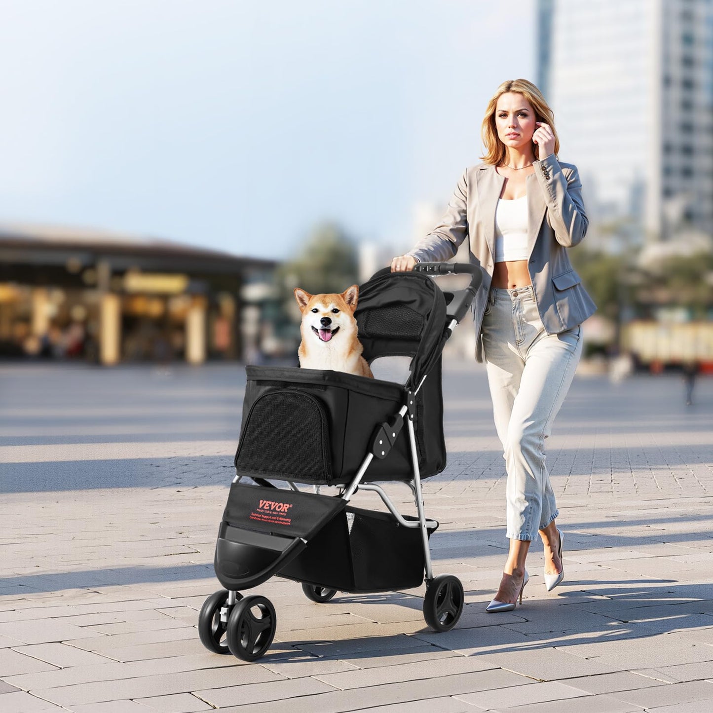 VEVOR Pet Stroller, 35 lbs Weight Capacity, Foldable Dog Cart, 3 Wheels Cats Carts with Mesh Windows and Cup Holders, Portable Pet Carrier Stroller with Brake, for Small to Medium Pets