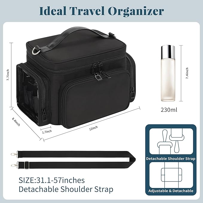 Bagmoly Makeup Bag, Portable Large Travel Makeup Bag Organizer for Women Girls with Makeup Brush Compartment, Cosmetic Travel Bag Vertical Storage Toiletry Bag - Black with Shoulder Strap