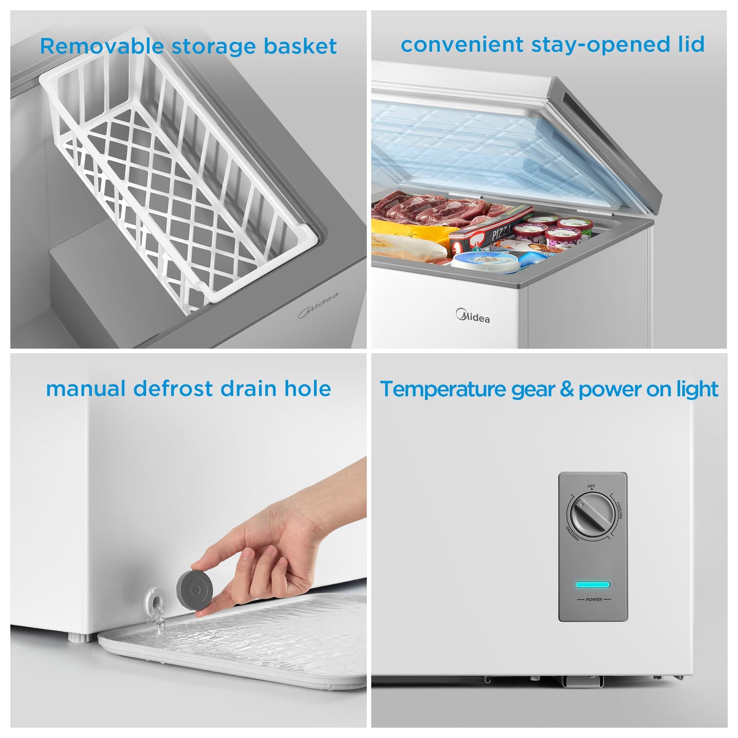 Midea MERC05C4BAWW Chest Freezer, 5.1 Cubic Feet Freezer With Removable Basket, Interior LED Light, Adjustable Temperature, For Kitchen Apartment Office, White