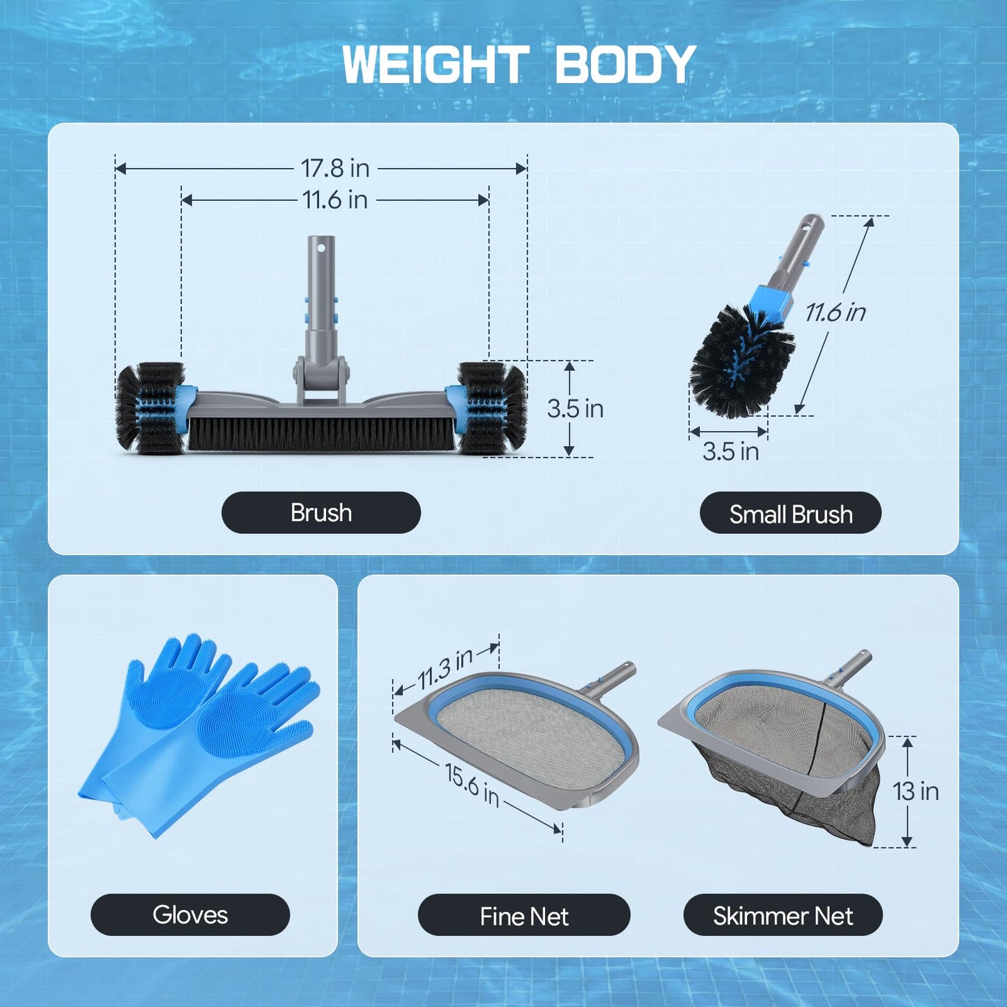 UIRWAY 6-in-1 Deluxe Swimming Pool Cleaning Kit - Includes Detachable Pool Brush, Deep Leaf Skimmer & Fine Mesh Net, Small Brush, Gloves, Adjustable Aluminum Pole Inground & Above Ground Cleaning