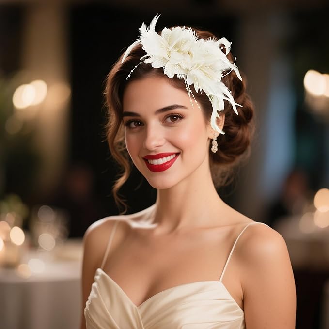 Womens Fascinators Hats Tea Party Hats for Women, Feather Pearl Veil Headband for Wedding Cocktail Dresses Accessories