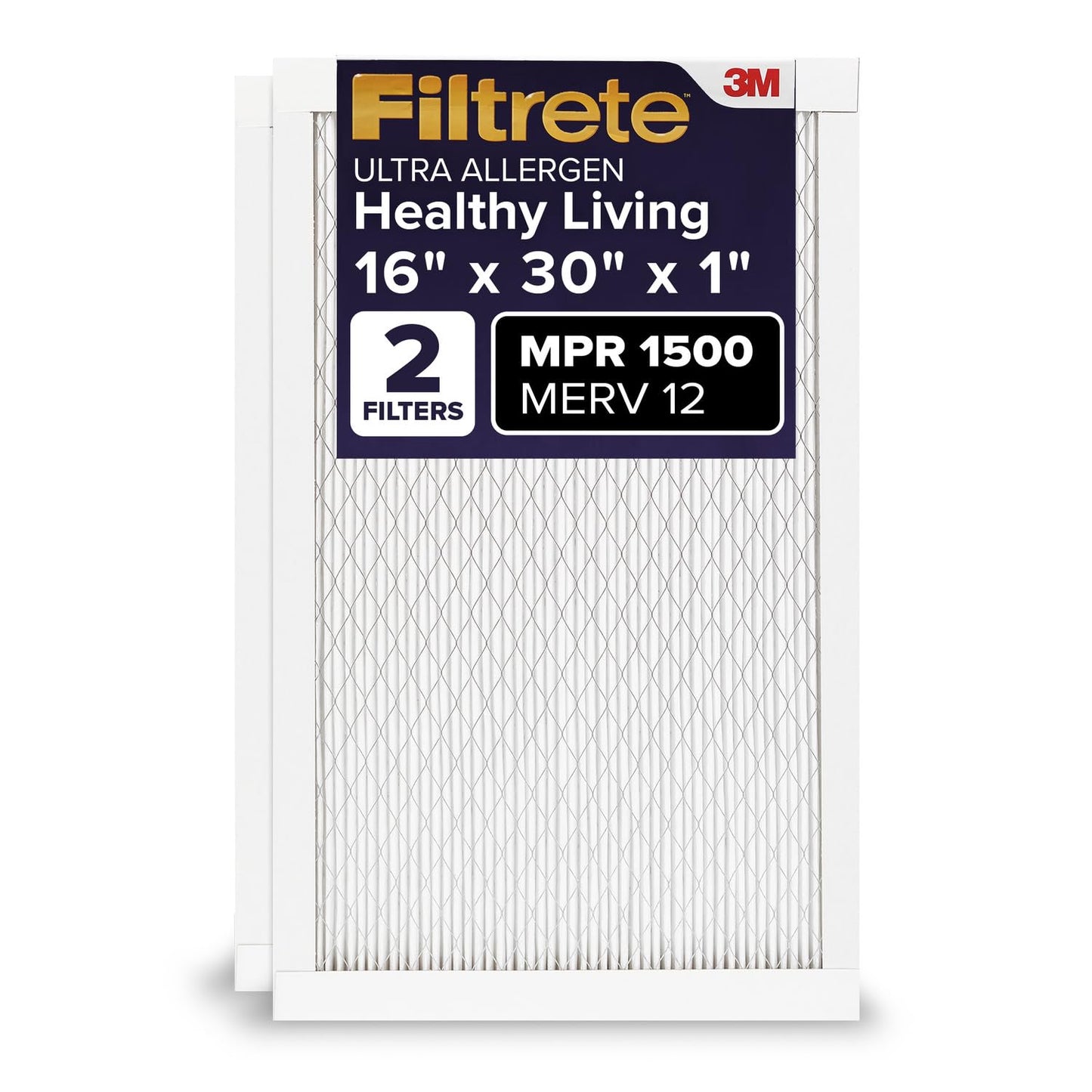Filtrete 16x30x1 Air Filter, MERV 12, MPR 1500, Allergens, Bacteria & Viruses, 3-Month AC and Furnace Filters, Cleaner Air, Reliable Airflow, 2 HVAC Filters (Actual Size 15.81 x 29.81 x 0.78 in)
